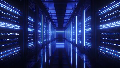 Poster - Blue-lit server room, data center corridor, digital infrastructure, glowing lines, technology background, for tech websites