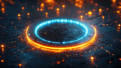 Poster - Futuristic Glowing Circle Envelops Dark Surface,  Displaying Vivid Neon Lights, Sci-Fi Theme
