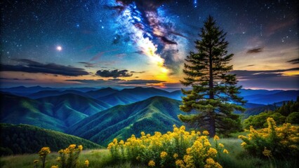 Wall Mural - Starry night blankets the Appalachian peaks; wildflowers and pines silhouette against the cosmic canvas.