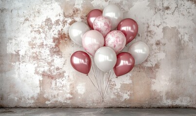 Wall Mural - A cluster of pink and white balloons against a textured, weathered wall in a festive setting