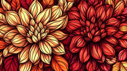 Wall Mural - Intricate Red Gold Dahlia Flowers Warm Autumnal Hues. AI Generated