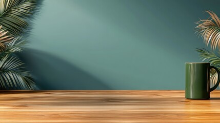 Poster - Green mug on wooden table in a professional desk setup with office supplies and a laptop