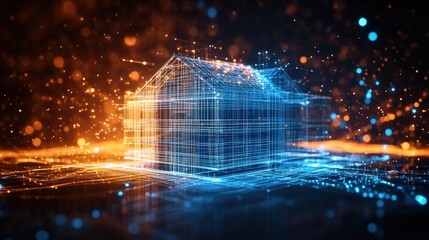 Poster - House exterior with glowing lights and blue wireframe architectural structure at night