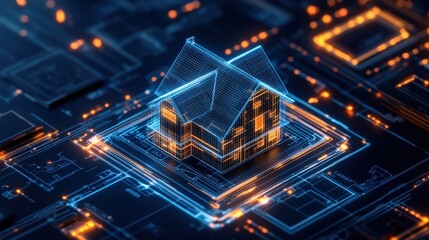 Poster - House on a circuit with glowing lights and digital architectural wireframe design in dark environment