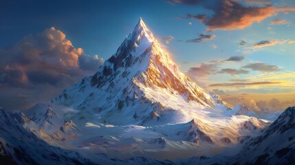 Wall Mural - Majestic snow peak sunset landscape, travel poster