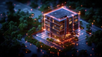 Poster - Futuristic house design with glowing facade and digital blueprint of an office building in high fidelity