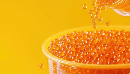 Poster - Amber Spheres Falling into Bowl, Close Up View of Shiny Orange Beads, Vivid Color and Texture
