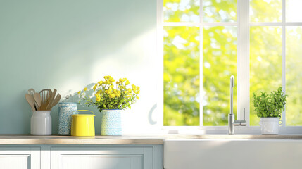 Wall Mural - Bright kitchen with flowers and utensils by window, creating cheerful atmosphere