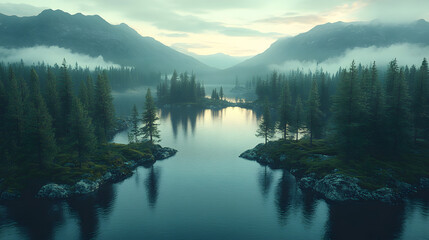 Wall Mural - Tranquil Mountain Lake: A serene mountain lake nestled between rolling hills and majestic peaks, cloaked in a soft mist that adds to the enchanting, dreamy landscape.