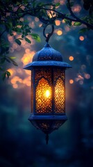 Poster - A beautifully crafted lantern hangs from a branch, casting warm light into the evening. Surrounding bokeh creates a magical atmosphere, embodying the spirit of Ramadan and the joy of Eid al Fitr
