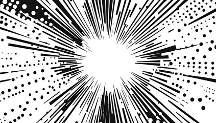 Abstract monochrome radial burst, speed effect, dotted background, design element