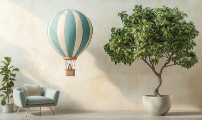 Wall Mural - A serene indoor scene featuring a vintage hot air balloon floating beside a lush tree, with a cozy chair