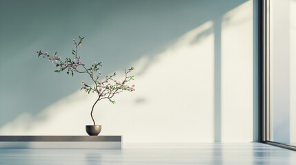 Wall Mural - serene minimalist interior featuring flowering branch in pot, casting soft shadows