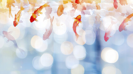 Poster - Colorful koi fish swimming in serene water background with bokeh effect
