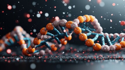 Poster - Group of orange and blue spheres with dna molecule background in high fidelity image