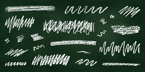 Wall Mural - Realistic Chalk Drawn Sketch. Set of Design Elements Linear Scribbles Isolated on Chalkboard Backdrop.