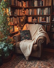 Canvas Print - Cozy reading nook with armchair, bookshelves, plants, and warm lighting.