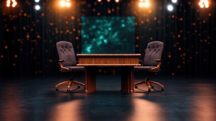 Poster - Table with two chairs and a television screen in a well-lit studio environment