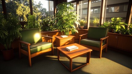 Poster - Room interior featuring a table chairs and a plant with studio lighting for a modern atmosphere