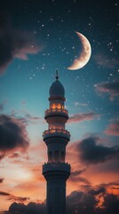 Poster - Golden light spills from the mosque’s minaret as it towers against a colorful dusk sky. A crescent moon and shimmering stars create a serene ambiance, reflecting spiritual significance