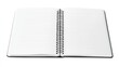© DREAMERLYN STUDIO - Realistic mockup of an open white spiral notebook with empty interior pages, displayed on a pristine white background for design presentations.