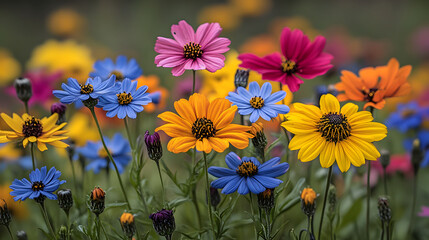 Vibrant Blossoms in Bloom: A kaleidoscope of colorful cosmos flowers, in shades of pink, orange, yellow, and blue, create a cheerful and picturesque field.