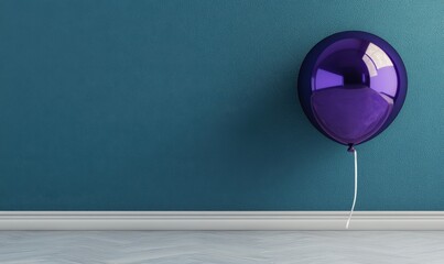 Wall Mural - A vibrant purple balloon resting against a teal wall, creating a festive atmosphere in a modern interior