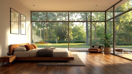 Canvas Print - Modern bedroom with large windows overlooking a lush garden.