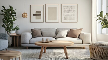 Canvas Print - Modern living room interior with sofa, coffee table, plants, and artwork.