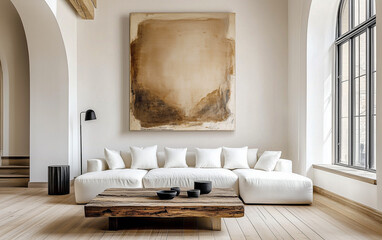 Wall Mural - White sofa against arched window and white wall with art poster frame