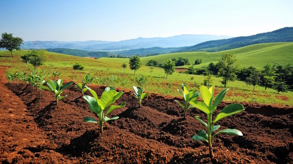 Scenic rural landscape with rolling hills and young plants under a clear blue sky, Reforestation And Regreening concept