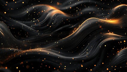 Poster - Dark Waves of Golden Particles Flowing Seamlessly Across Black Background, Abstract 4K Motion Graphics