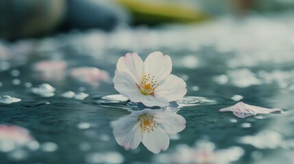 Poster - A delicate cherry blossom petal drifting on a still pond.