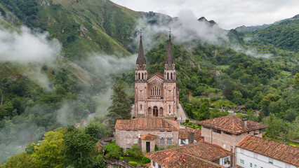 Wall Mural - Aerial view of the Covadonga Sanctuary in Asturias, Northern Spain.