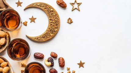 Aufkleber - Delightful spread of Ramadan delicacies includes sweet dates, aromatic nuts, and refreshing drinks arranged around beautiful crescent moon decor, creating a festive atmosphere for iftar