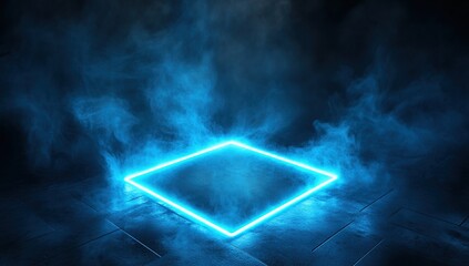Poster - Neon Square Glows Brightly in Blue Smoke, Futuristic Cyberpunk Scene with Atmospheric Haze and Tiles