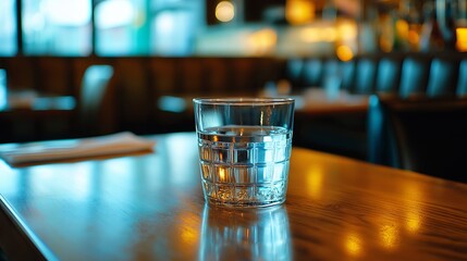 Poster - A glass of water placed in the exact center of an empty table