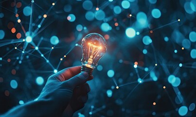 Poster - Hand holding glowing bulb, network backdrop, innovation concept