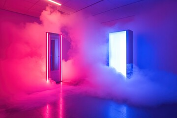 Poster - neon lights illuminate foggy room with door and panel, creating a surreal atmosphere