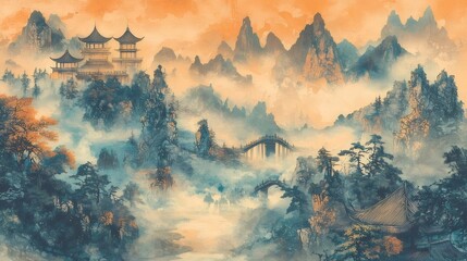 Wall Mural - Misty Asian mountainscape, pagodas, bridge, sunrise