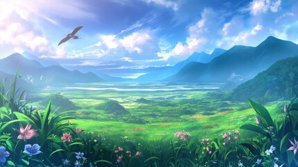 Poster - A serene landscape with lush green fields, distant mountains, vibrant flowers, and a bird soaring under a bright blue sky, evoking tranquility and natural beauty.