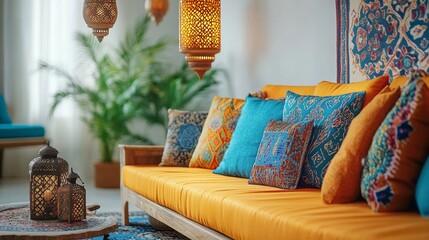 Poster - A bright living room features an inviting orange sofa adorned with colorful cushions, surrounded by elegant lanterns that cast warm light, creating a peaceful atmosphere