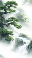 Wall Mural - Misty mountain waterfall, pines, Asian art, calm scene, phone wallpaper