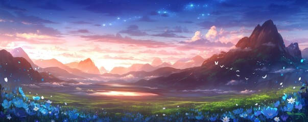 Wall Mural - A serene landscape at dusk, featuring mountains, a lake, and vibrant flora under a colorful sky, evoking tranquility and natural beauty.