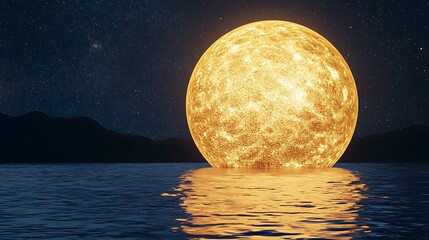 Wall Mural - A large yellow sun is floating on the surface of a lake