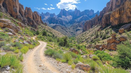 Wall Mural - Scenic mountain landscape with a winding dirt path surrounded by rugged cliffs and vibrant greenery