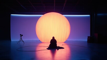 Poster - Person sitting on floor in front of large light with digital marketing guide nearby