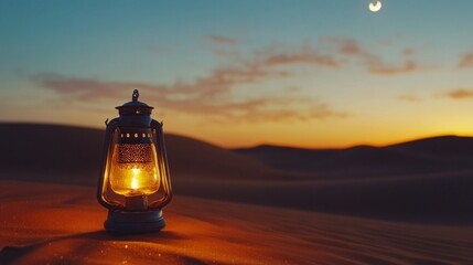Poster - In a tranquil desert at dusk, an ornate Arabic lantern stands tall, glowing softly. Its light flickers gently, inviting peace and reflection during the blessed month of Ramadan