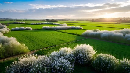 Wall Mural - Spring sunset over blooming fields