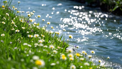 Wall Mural - Spring flowers bloom beside sparkling stream